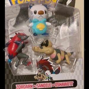 3 Pokemon Figures 3 pack Pokémon set is Zordark, Sandille, Oshawott